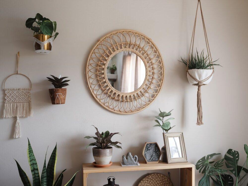boho wnętrze z lustrem