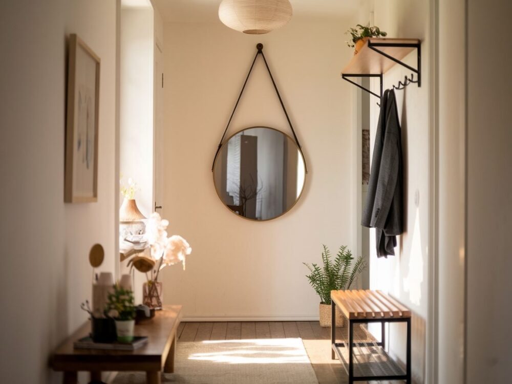 jasny przedpokój z lustrem