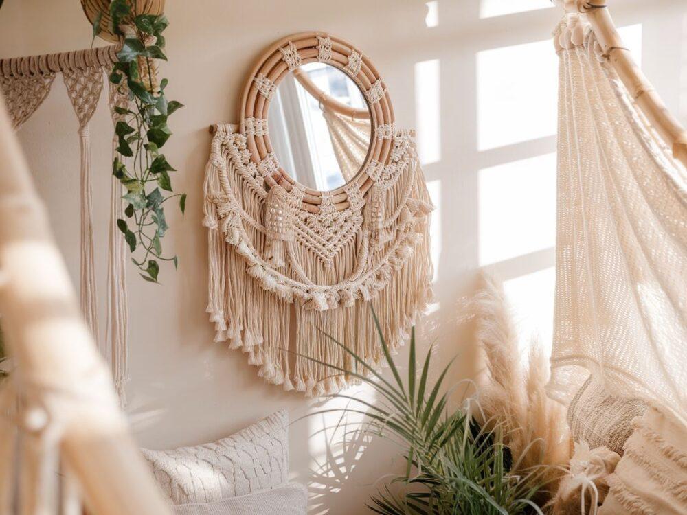 lustro z rattanowymi zdobieniami