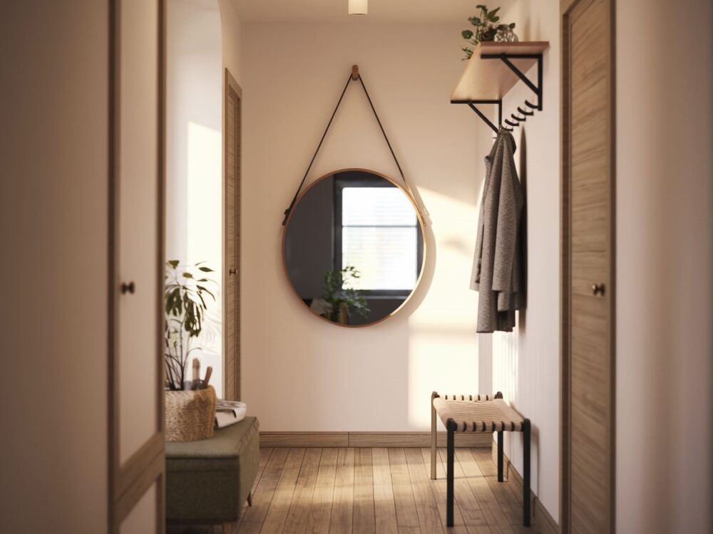 przedpokój z ławką i lustrem