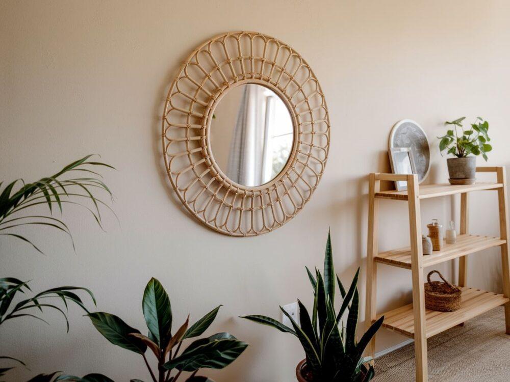 rattanowe lustro na ścianie
