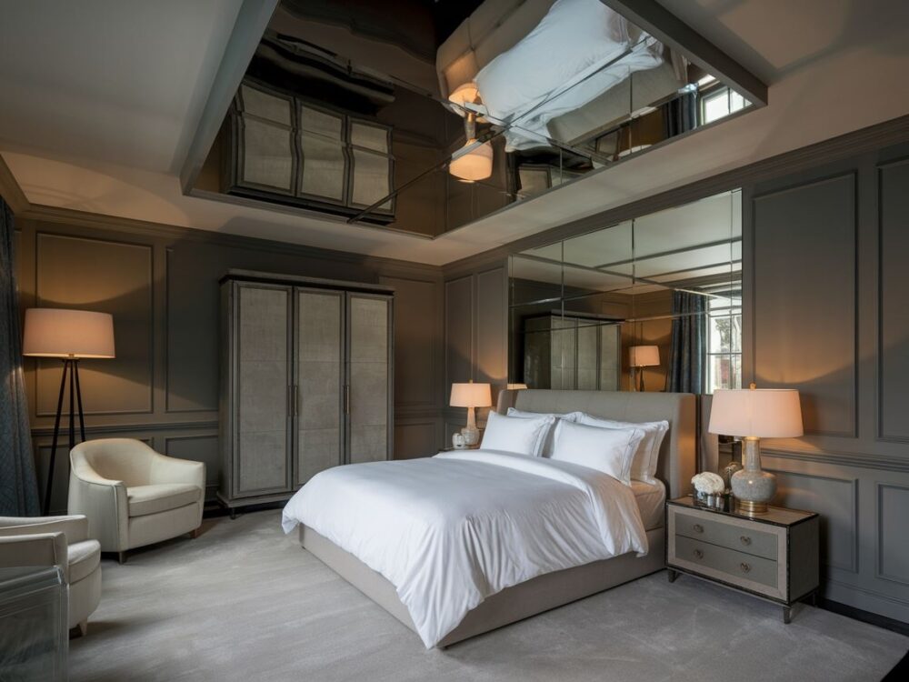 stylowa sypialnia z lustrzanym sufitem